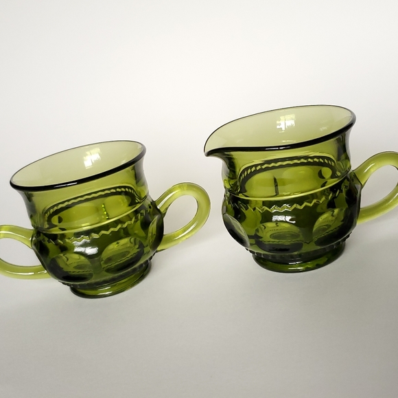 Cream and Sugar Set, Vintage Indiana Glass, Avocado Green 1970s, King's Crown - Picture 4 of 9